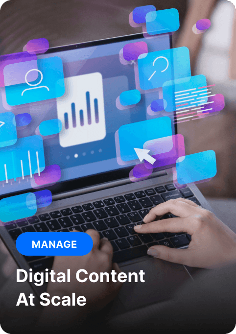 A person using a laptop with digital icons and analytics floating above the screen, representing the management of digital content at scale.