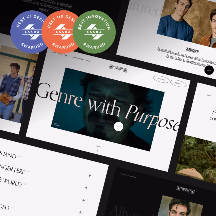 Margate House Films Website screens showcasing awards for Best UI, UX Design, and Innovation from CSSDA with movie-related content.
