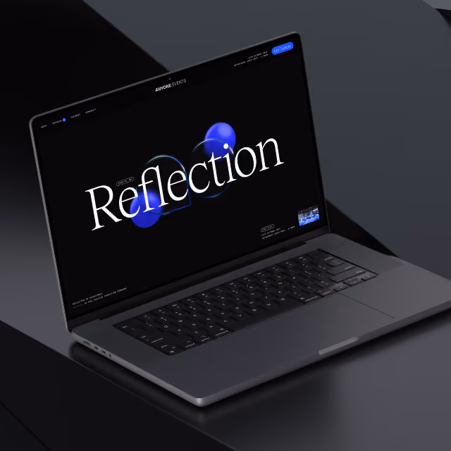 Anyone creative event website shown on a Macbook, featuring 3D assets and unique typography  - branding and website project by Nath&Co