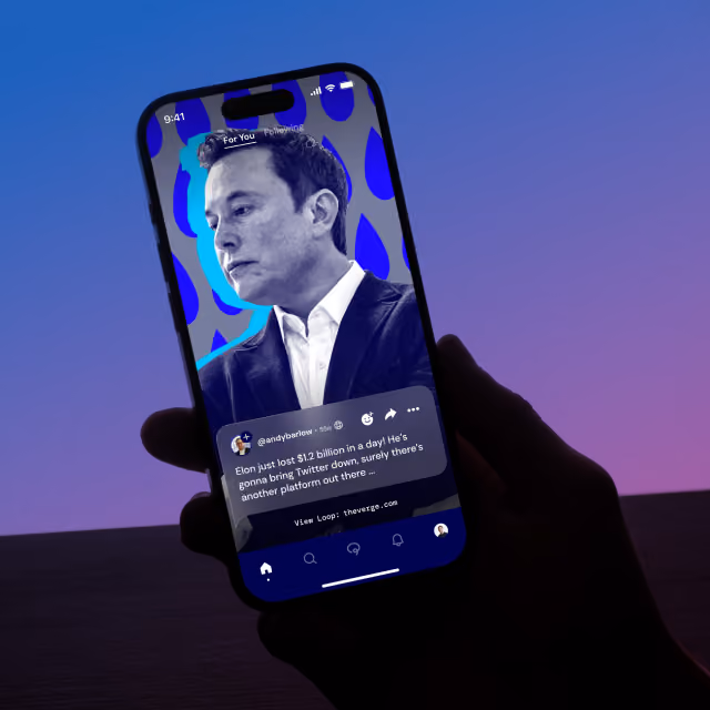 Chatloop social app on an iPhone, showing a feed post over a blue and purple gradient - iOS and Android app project by Nath&Co