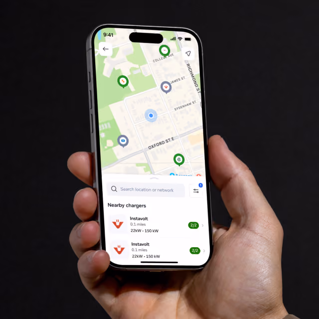 PayByPhone EV charging app on an iPhone, showing a map of nearby charge points with live availability - iOS and Android app project by Nath&Co