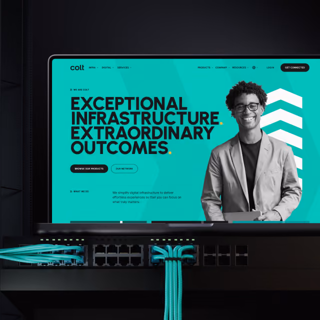 Colt website design shown on Macbook, featuring bold colour and photography alongside network infrastructure imagery - website project by Nath&Co