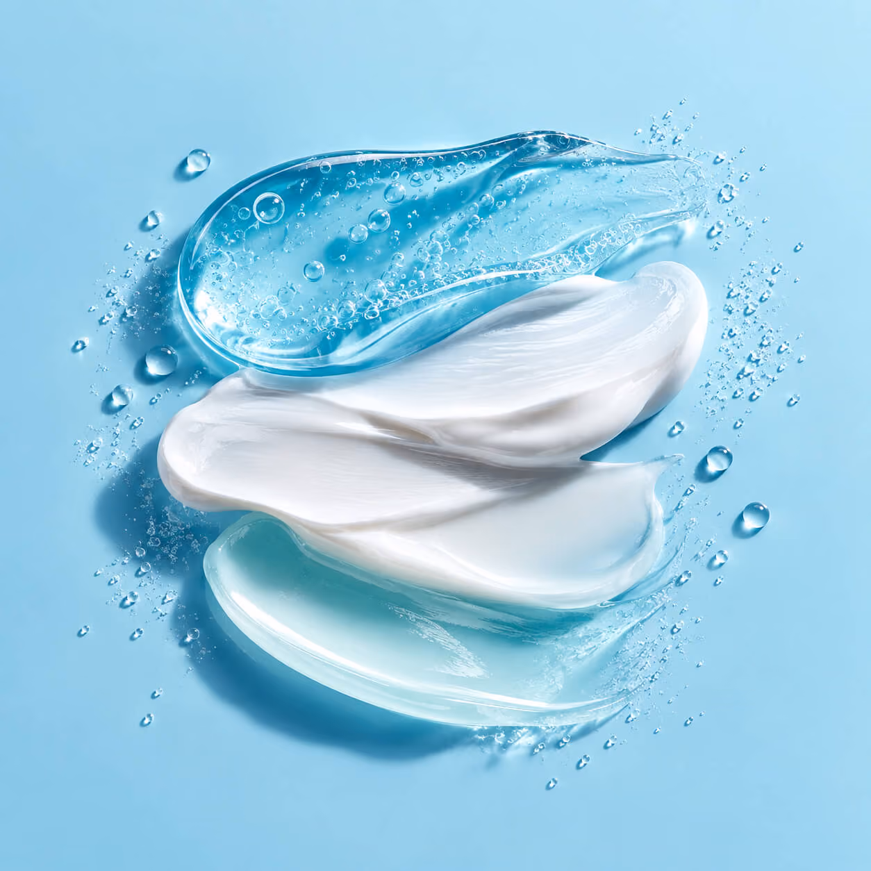 Three skincare product textures on a light blue background: clear gel with bubbles, white cream, and translucent gel with a smooth finish, surrounded by small droplets.