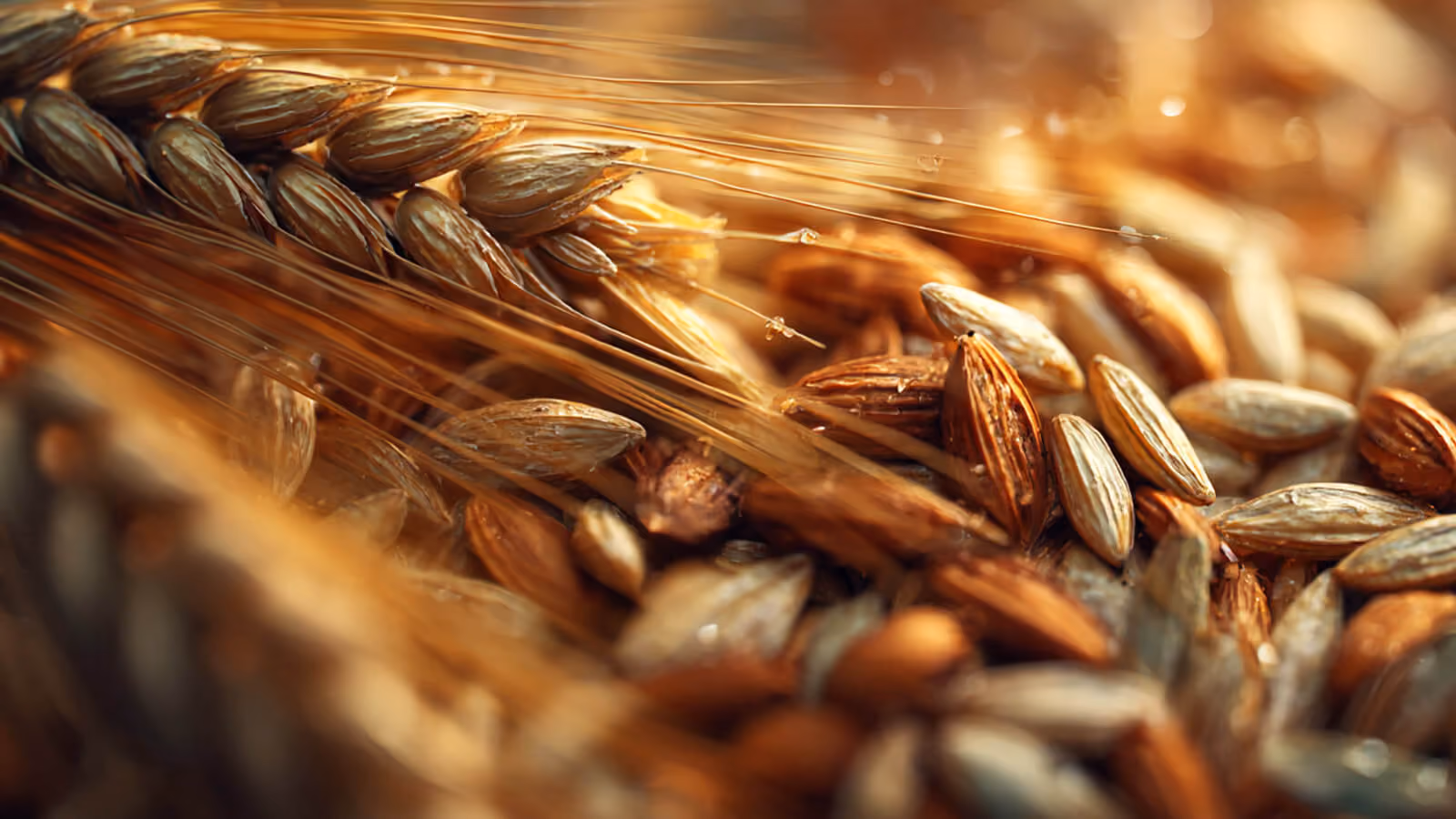 Close-up of golden barley grains with some loose grains scattered around, illuminated by warm light.