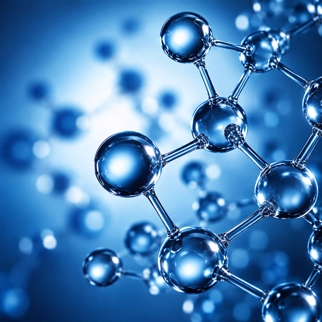 Close-up of a blue molecular structure with interconnected spherical atoms and rods against a blurred blue background.