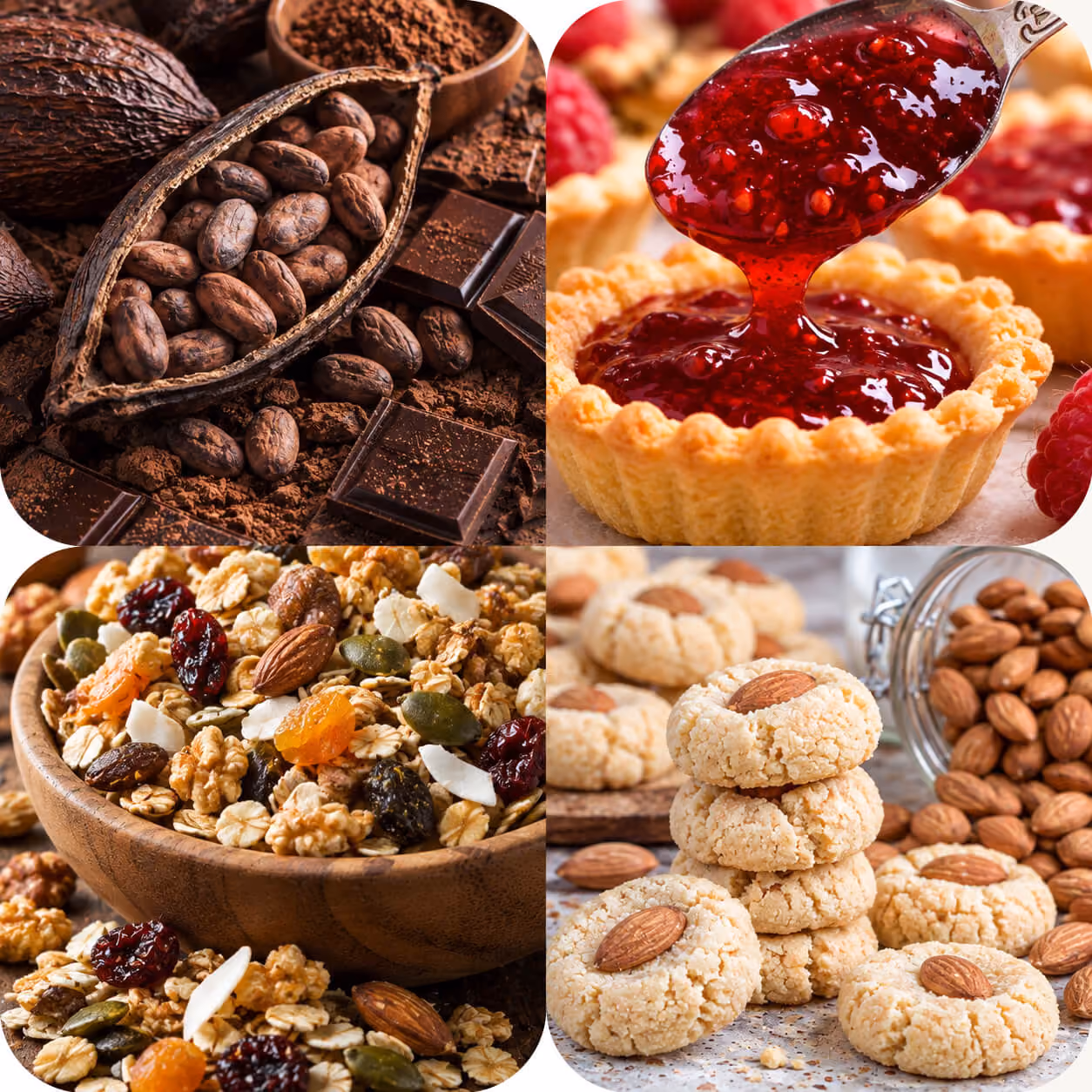 Collage of four images: top left shows cocoa beans, chocolate pieces, and cocoa powder; top right shows raspberry jam being spooned into a tart shell; bottom left shows a bowl of mixed granola with nuts, seeds, and dried fruits; bottom right shows almond cookies stacked with a jar of almonds spilling in the background.
