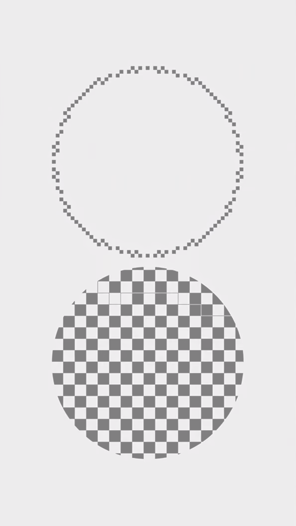 Two black circles on a gray background: one with pixelated edges, one with black and white checkerboard pattern.