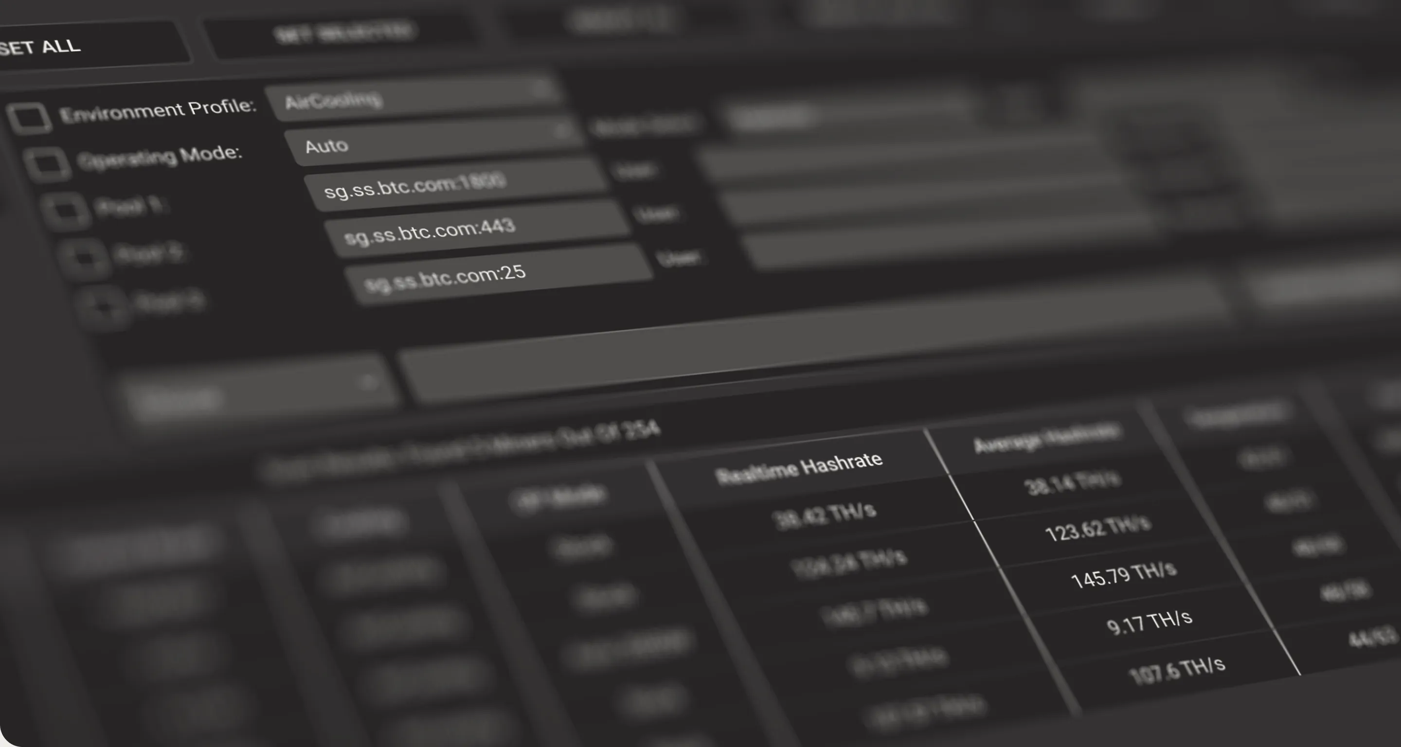 A close-up, angled view of the MARATools software management dashboard interface in dark mode. The UI displays Bitcoin mining metrics including real-time and average hashrates measured in TH/s, environment profiles set to air cooling, and active mining pool configurations.