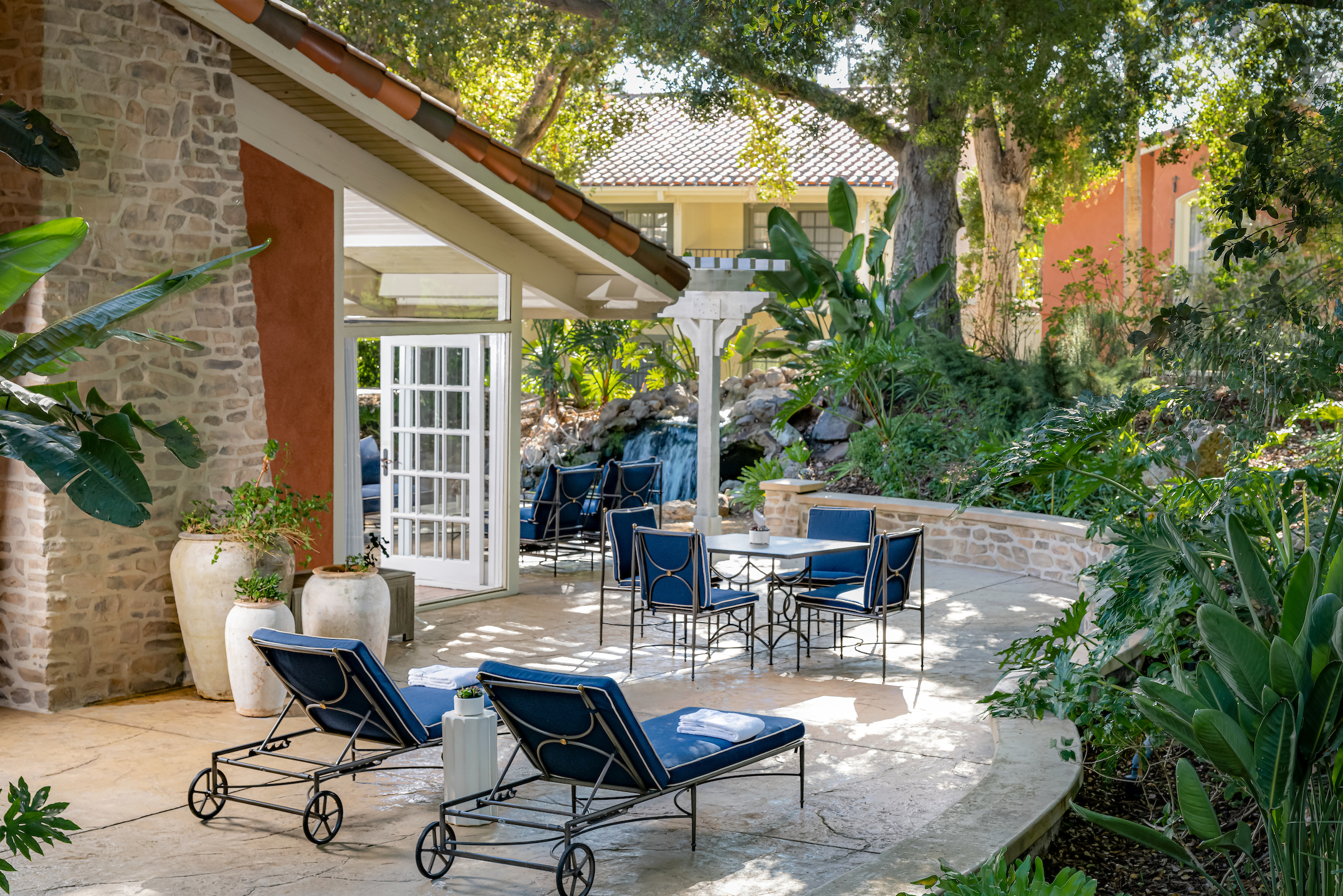Westlake Village Inn and Spa, venue for Let's Marry Harry Netflix in California. Patio of Bridal Suite pictured.