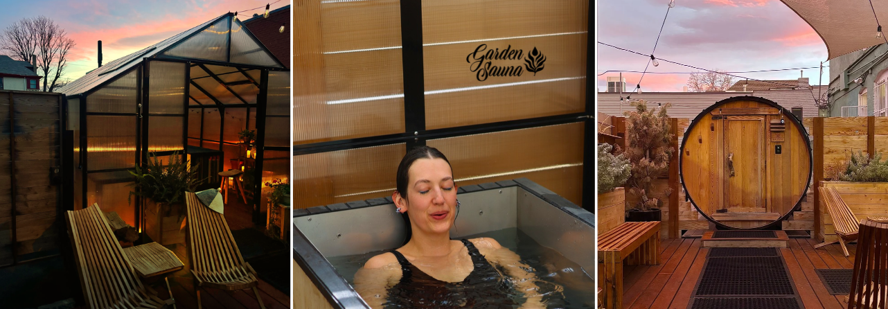 Garden Sauna Denver greenhouse with cold plunges, member cold plunging, and the outdoor sauna patio