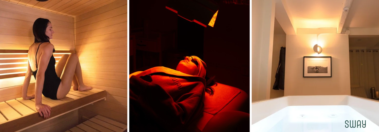 Sway Wellness Spa Denver Remedy Room featuring a dry sauna, red light, and cold plunge