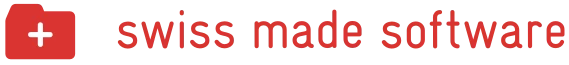 Red folder icon with a white plus sign above the red text 'swiss made software'.