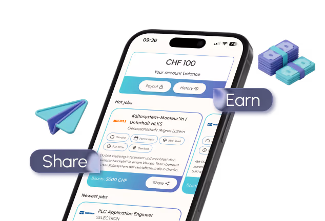 Smartphone screen showing a job description on the Chainstaff App with text bubbles Earn and Share, floating around.