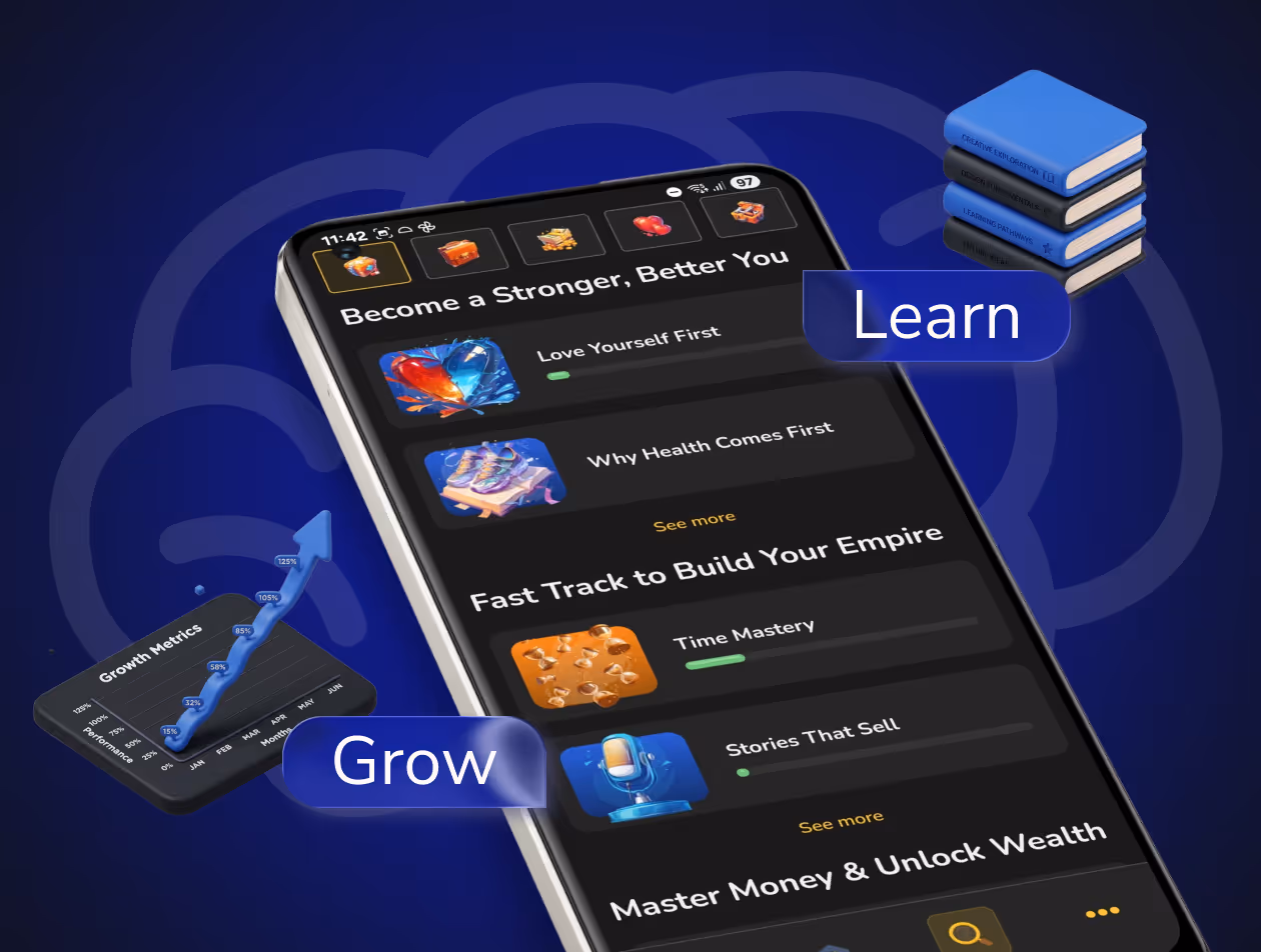 Smartphone screen with courses on self-improvement, growth metrics chart, and stacked books labeled Learn and Grow.