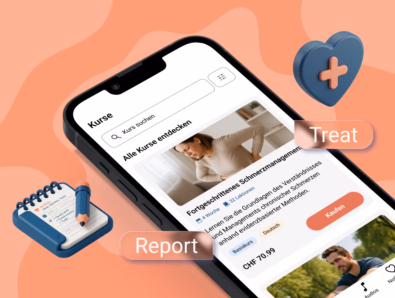 Smartphone screen showing a pain management course in German, with the words report and treat floating above, icons of a heart and a notebook also floating around the smartphone