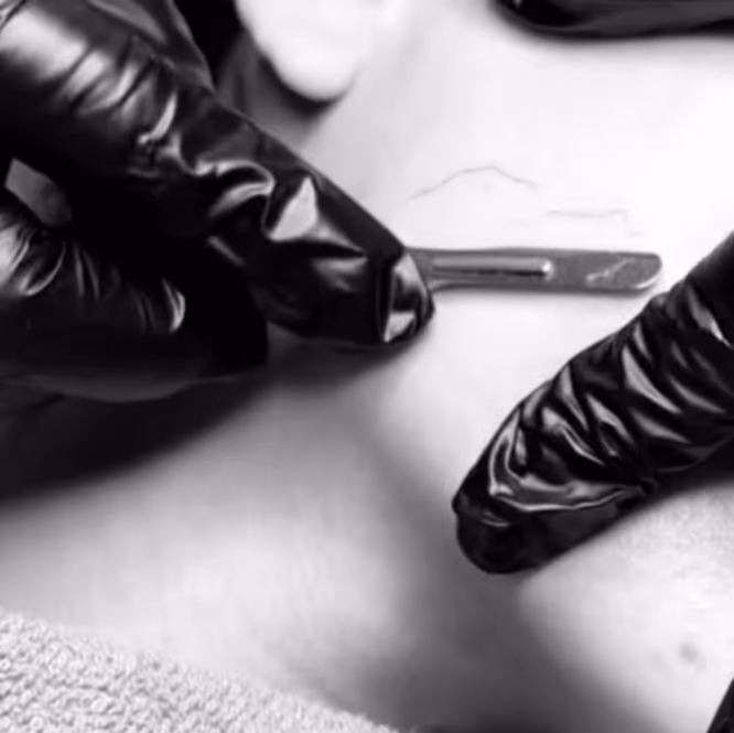 Hands wearing black gloves holding a razor blade near a person's eyebrow for precision hair removal or shaping.