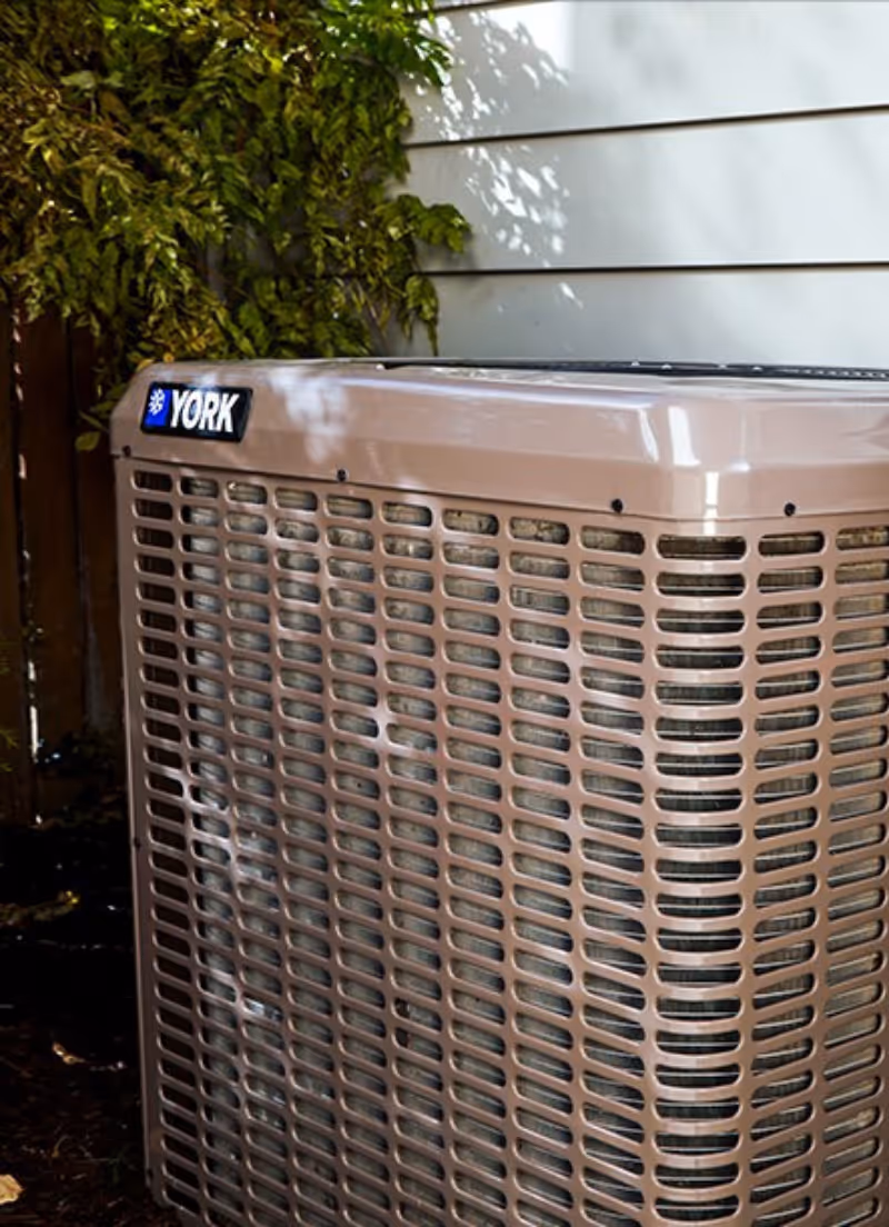 York brand outdoor air conditioning unit next to house siding and green plants.