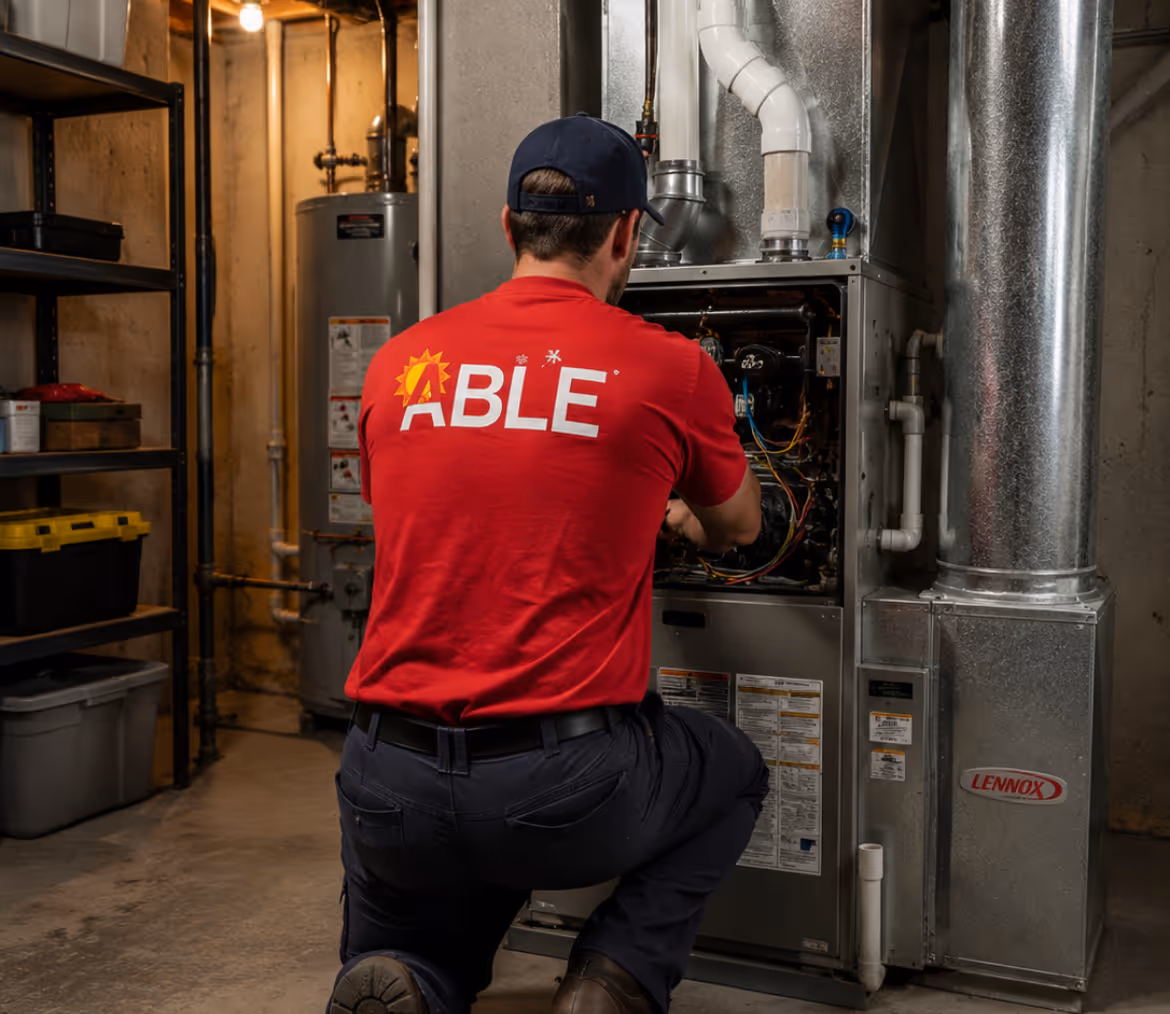 Technician wearing a red ABLE t-shirt kneels while repairing a Lennox HVAC unit in a basement.