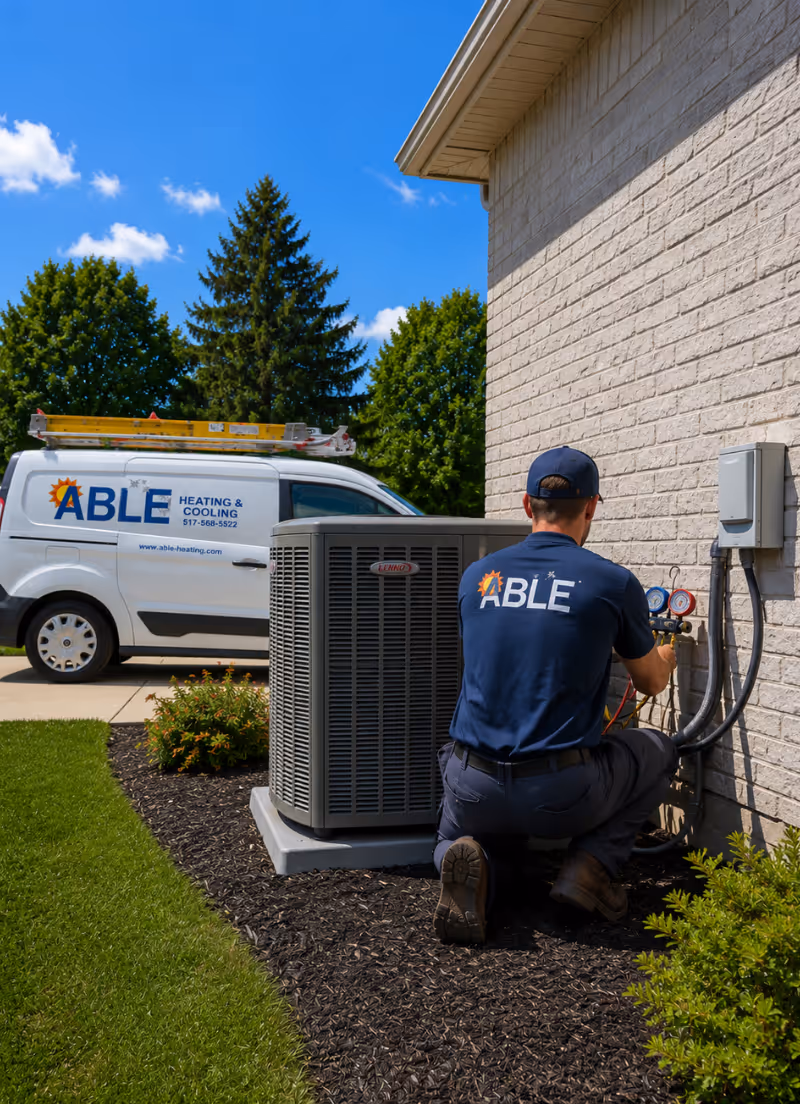 Technician kneeling by a house wall, servicing an air conditioning unit with gauges connected.