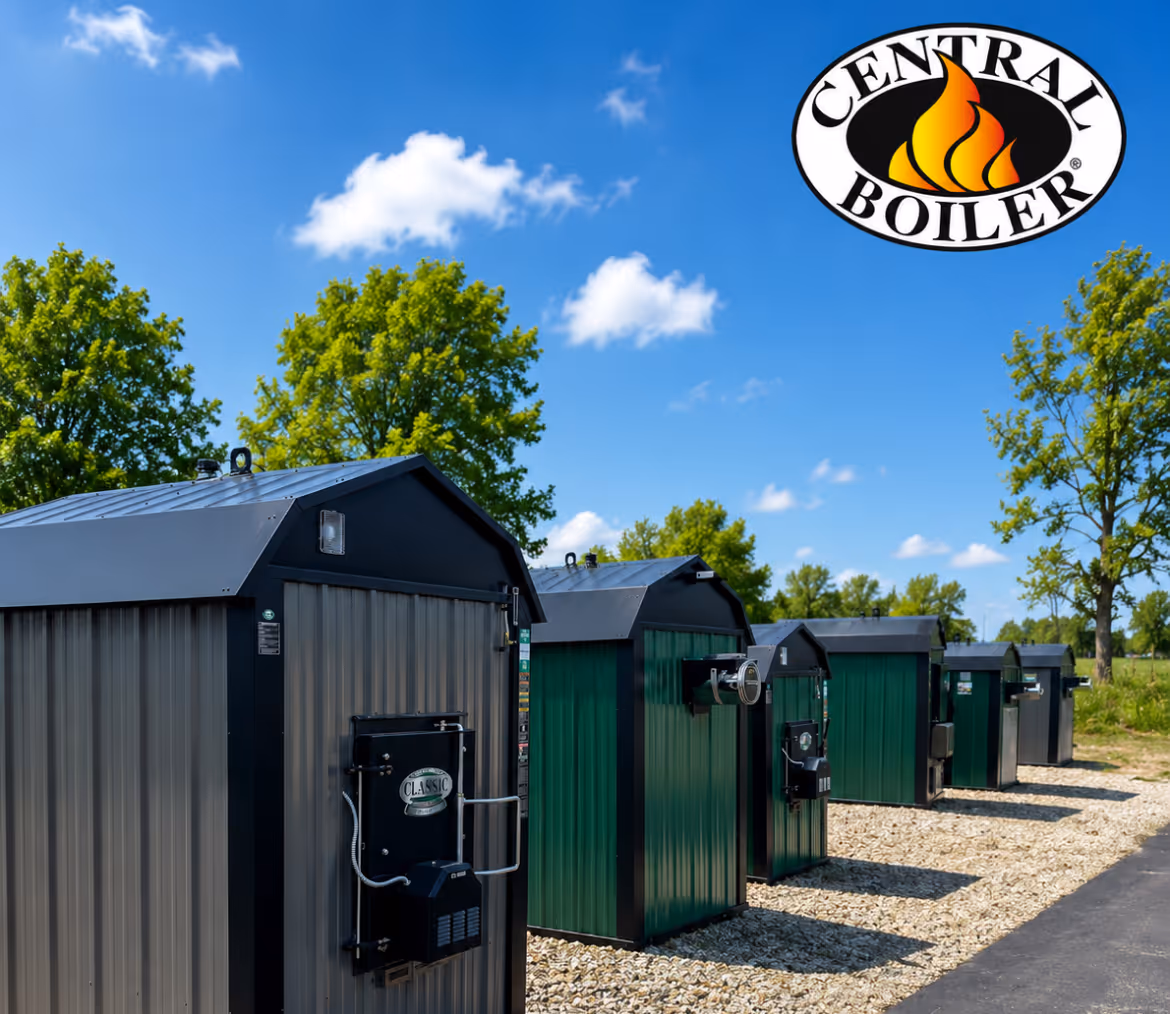 Row of outdoor green and gray boilers under blue sky with Central Boiler logo in top right corner.