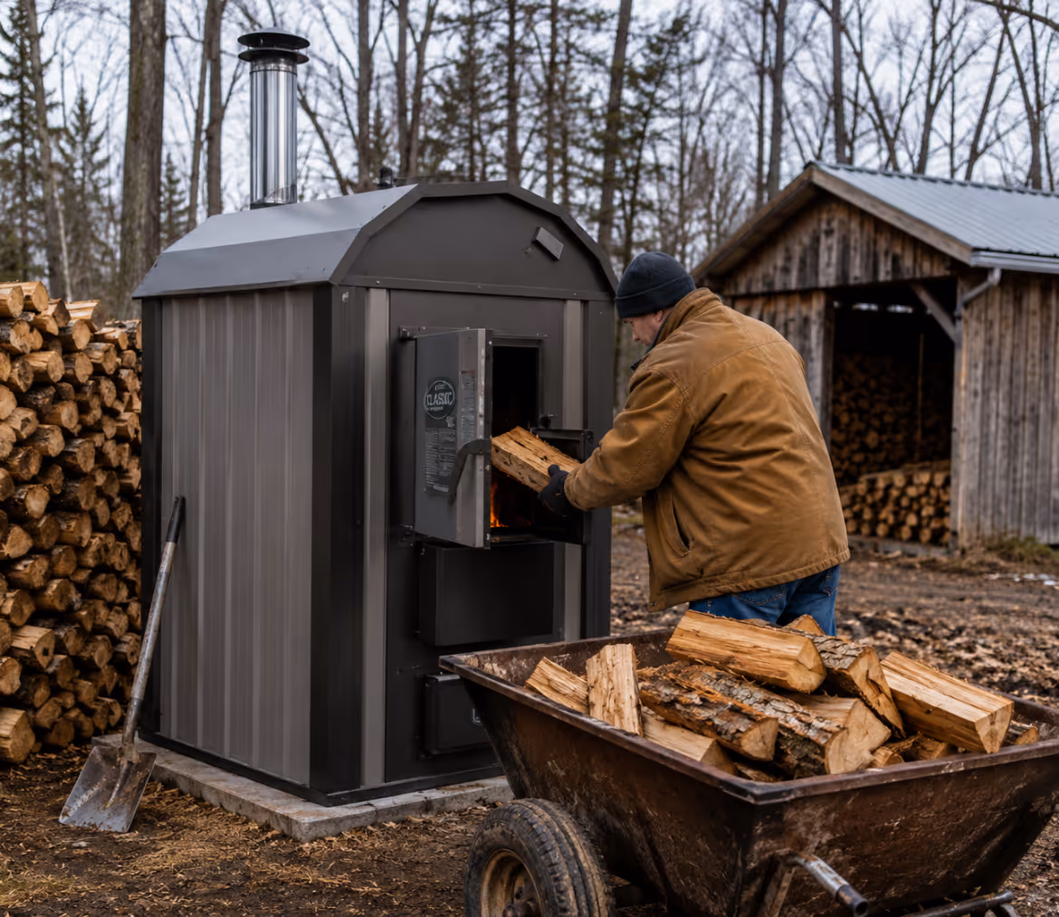 Man wearing brown jacket loading firewood into a metal outdoor wood furnace near stacked logs.