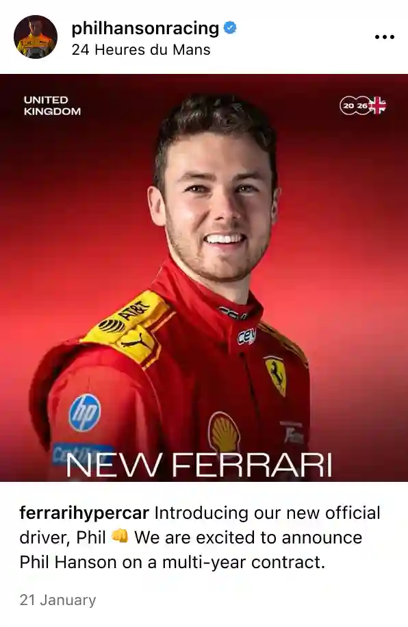 Portrait of race car driver Phil Hanson in a red Ferrari racing suit with sponsor logos against a red background.