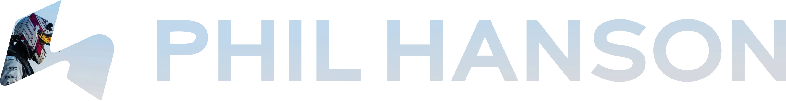 Phil Hanson logo featuring a stylized letter P with an image of a race car driver wearing a helmet inside it.