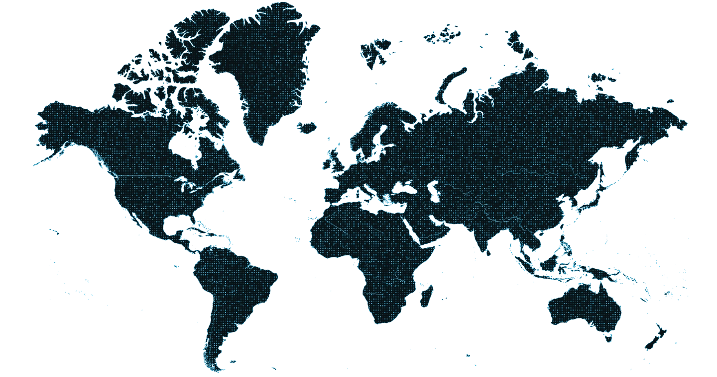 World map with countries outlined in blue dots on a black background.