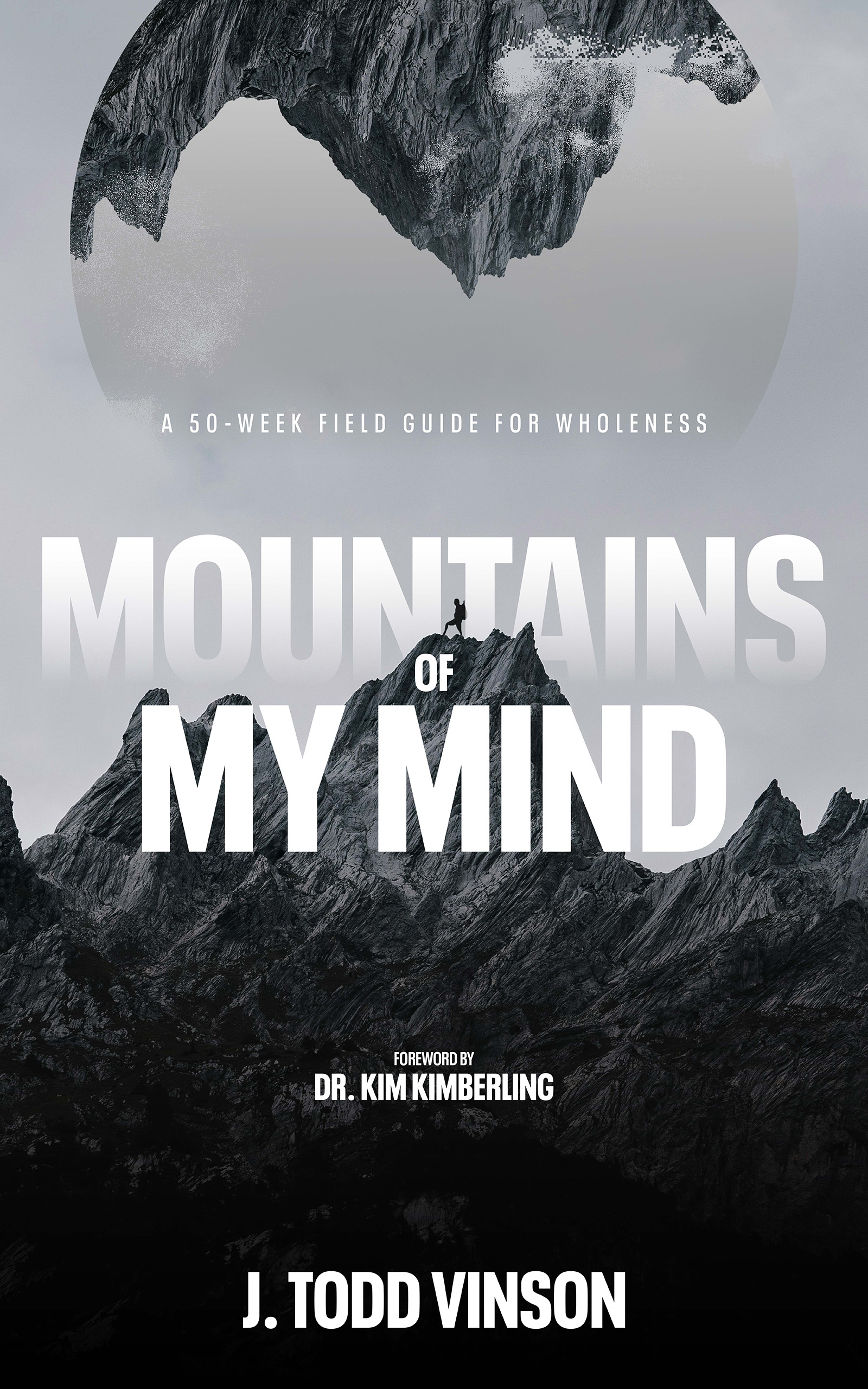 Book cover with a person standing on a mountain peak under an inverted mountain circle, titled Mountains of My Mind by J. Todd Vinson.