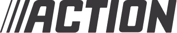ACTION Logo mit diagonalen Streifen und fetter grauer Schrift.