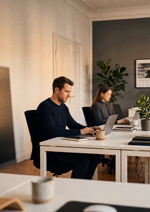 Zwei Personen arbeiten an Laptops an einem weißen Schreibtisch in modernem Büro.