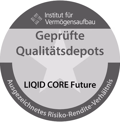 Graues Siegel für geprüftes Qualitätsdepot mit fünf Sternen und LIQID Global Future Logo.