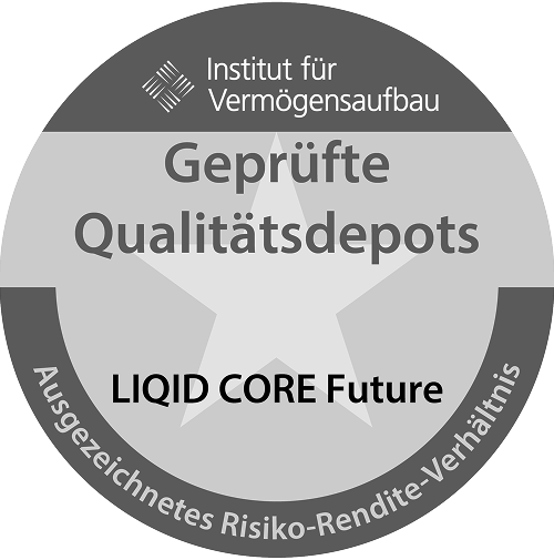 Graues Siegel für geprüftes Qualitätsdepot mit fünf Sternen und LIQID Global Future Logo.
