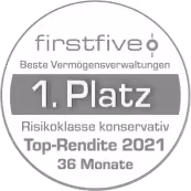 FirstFive beste Vermögenverwaltung, 1. Platz, Top-Rendite 2021, Risikoklasse konservativ, 36 Monate