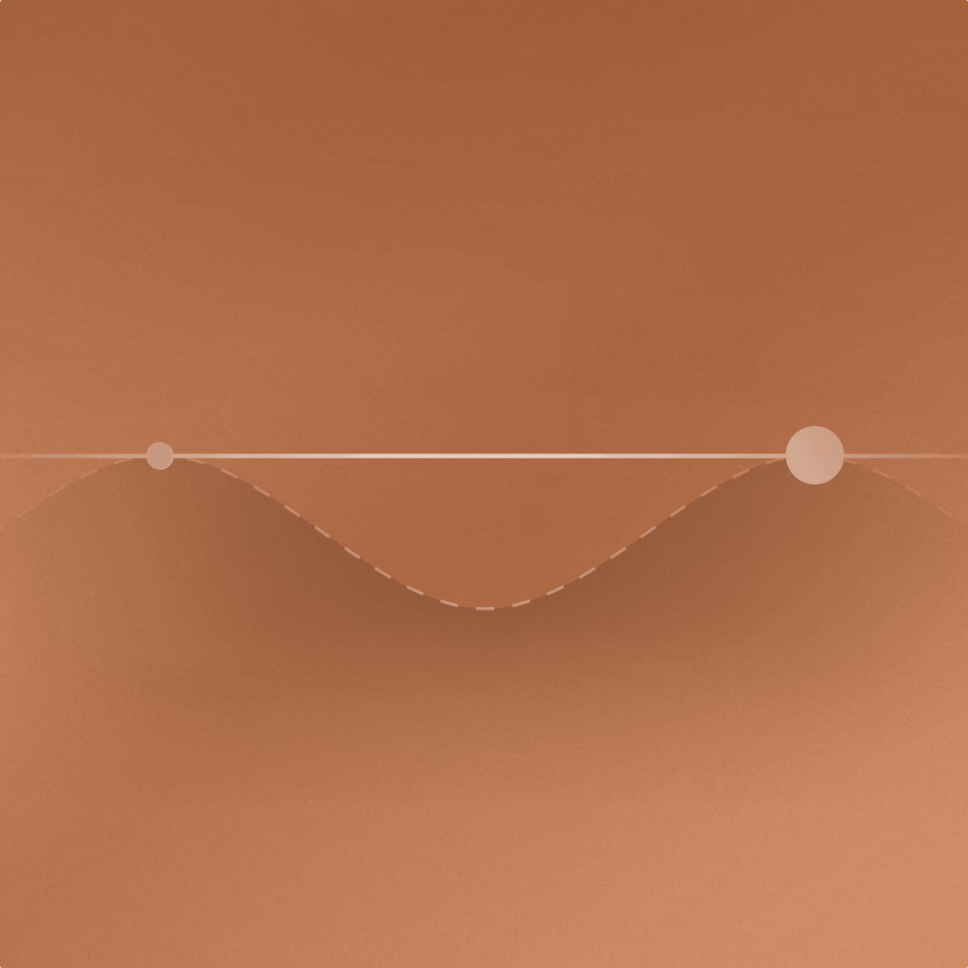 Geometrisches Diagramm mit Linie, zwei Kreisen und gestrichelter Kurve in Beige.