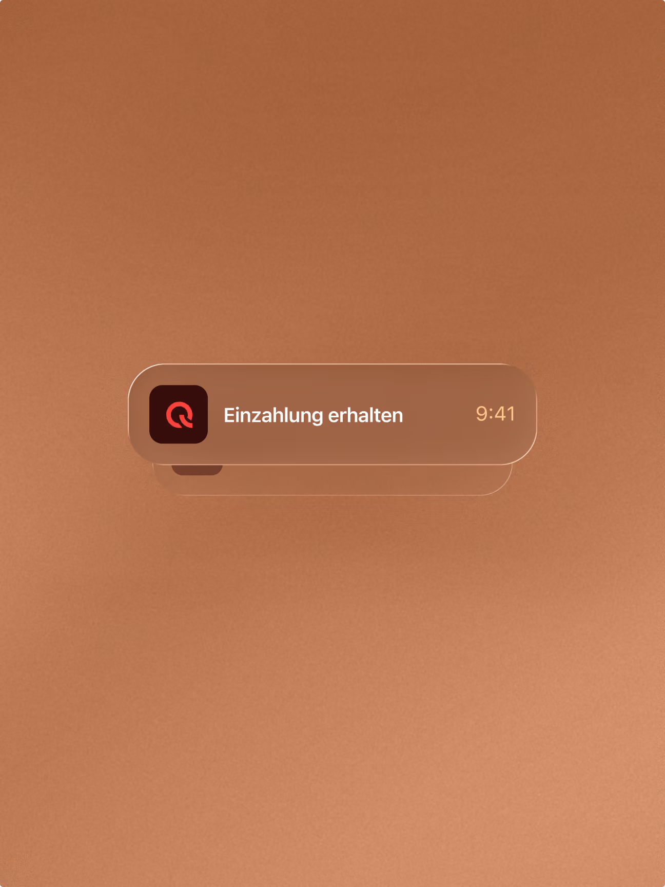 Benachrichtigung "Einzahlung erhalten" mit roten Q-Logo auf braunem Hintergrund, 9:41 Uhr