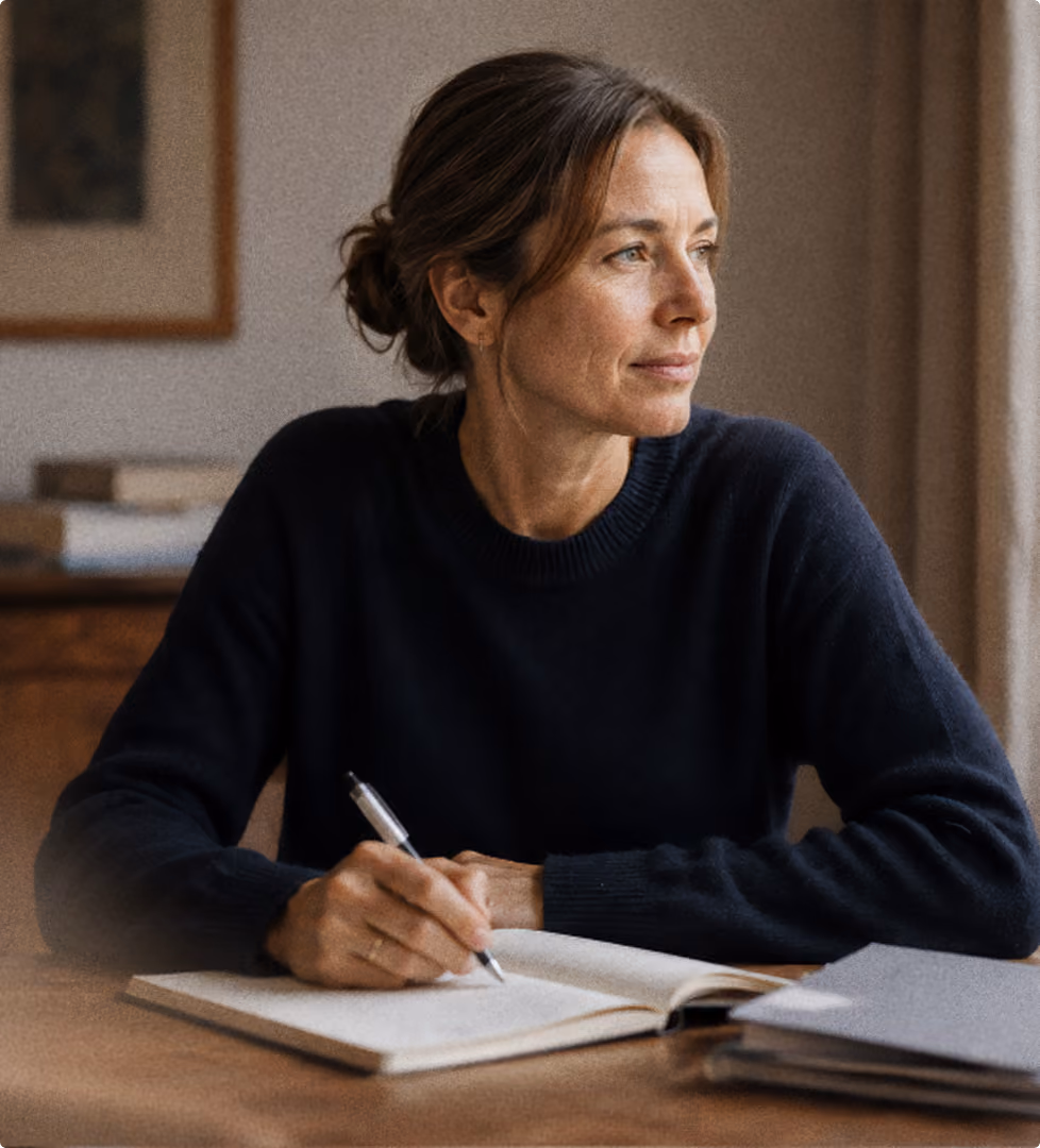 Frau mit dunklem Pullover schreibt nachdenklich in ein Notizbuch an einem Schreibtisch.