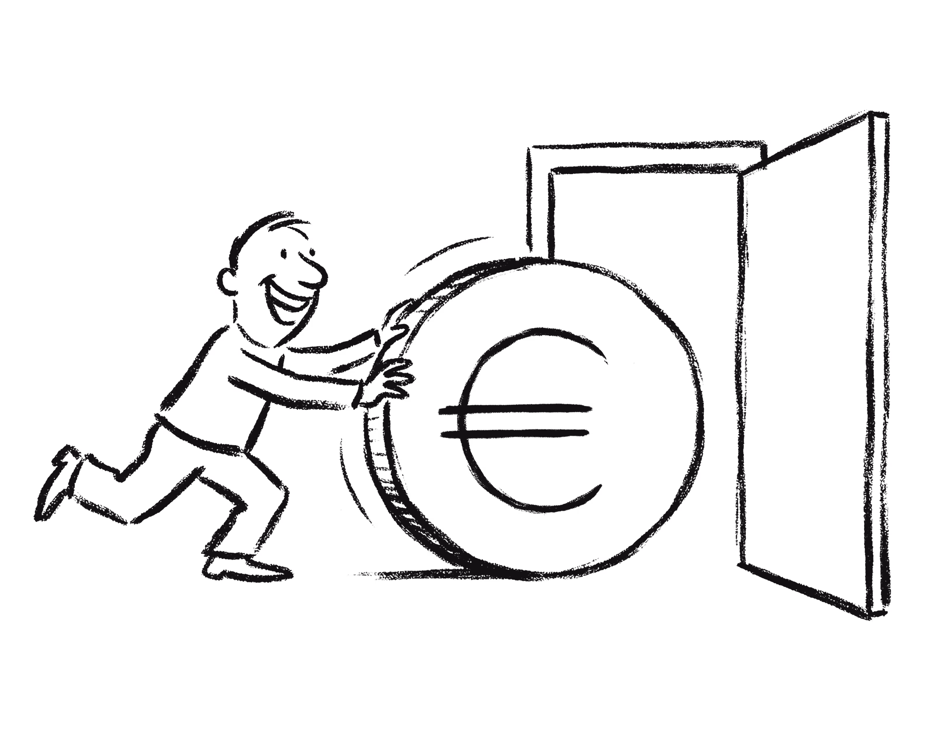Lächelnde Figur rollt großes Euro-Symbol durch eine Tür