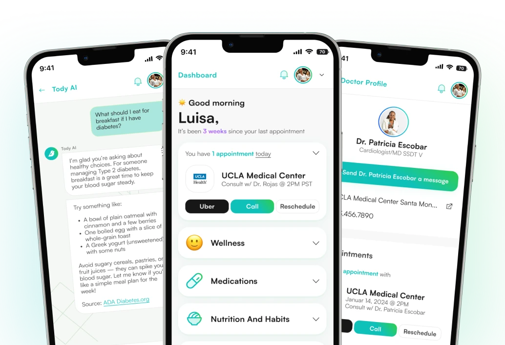 Three smartphone screens displaying a health app interface with a chat about diabetes-friendly breakfast, a user dashboard showing appointment details and wellness sections, and a doctor profile for Dr. Patricia Escobar.