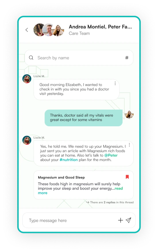 Mobile chat interface showing a conversation between a care team member and a patient about magnesium intake and nutrition, including a linked article on magnesium and good sleep.