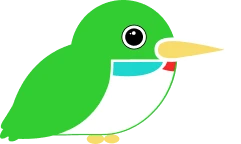 Illustration of a small green bird with a large yellow beak and a white belly.