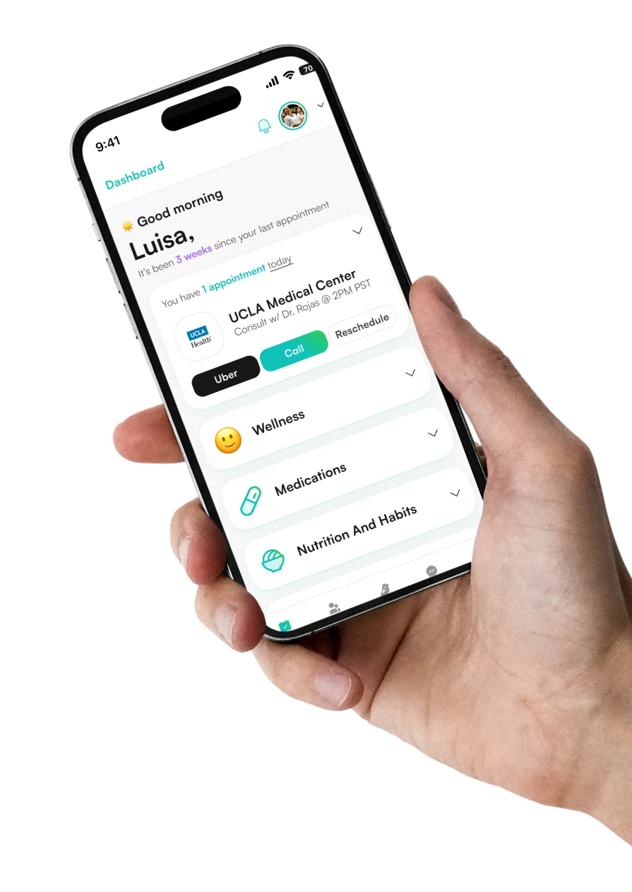 Hand holding a smartphone displaying a health app dashboard with appointment details for UCLA Medical Center and sections for wellness, medications, and nutrition and habits.