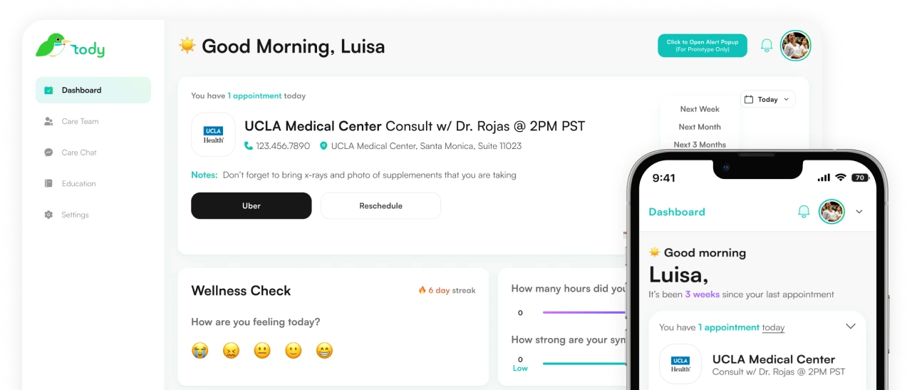 Digital health dashboard greeting Luisa with appointment details for UCLA Medical Center consultation with Dr. Rojas at 2PM PST, wellness check with emoji options, and a reminder note, displayed on desktop and mobile.