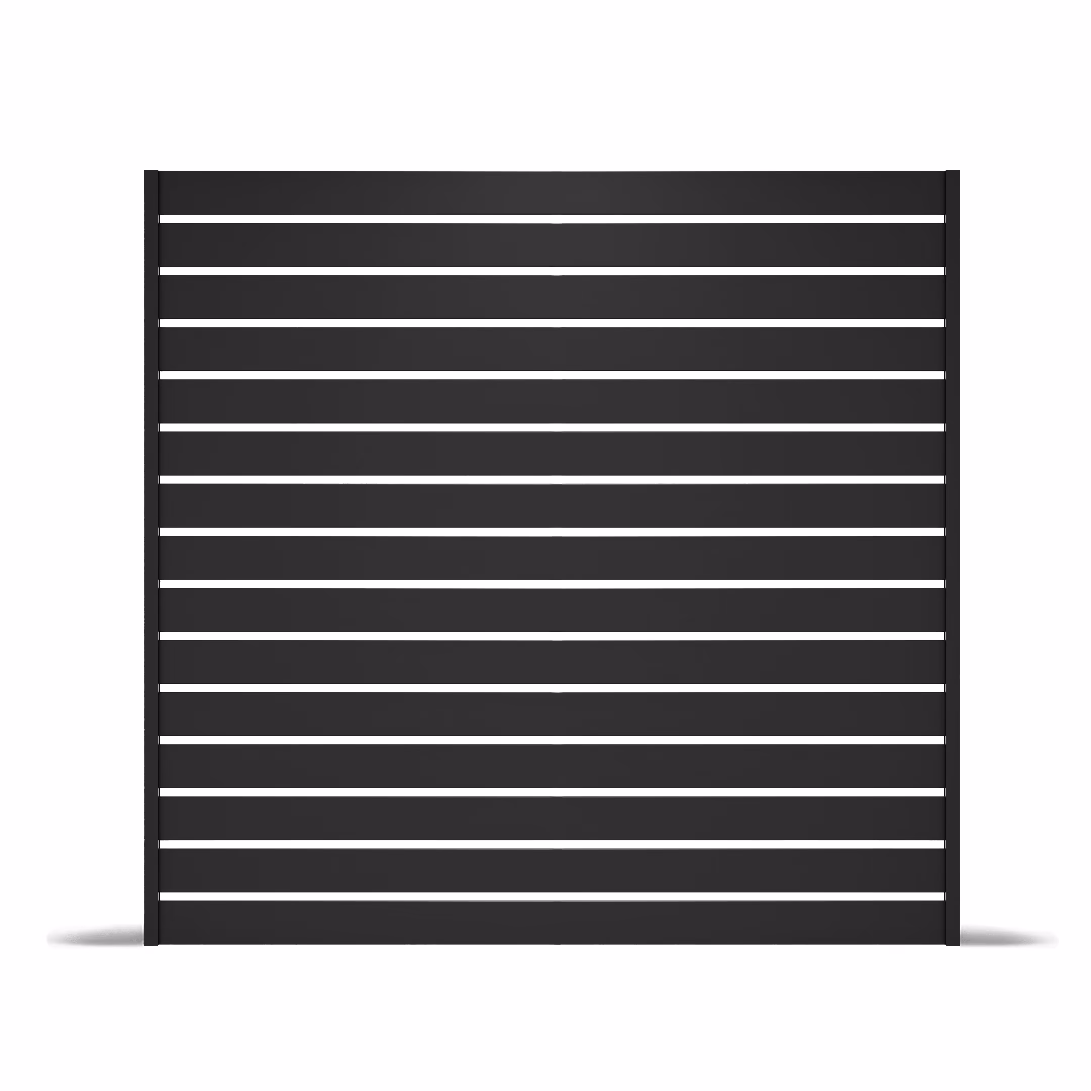Modern black aluminum fence panel with horizontal slats providing semi-privacy.