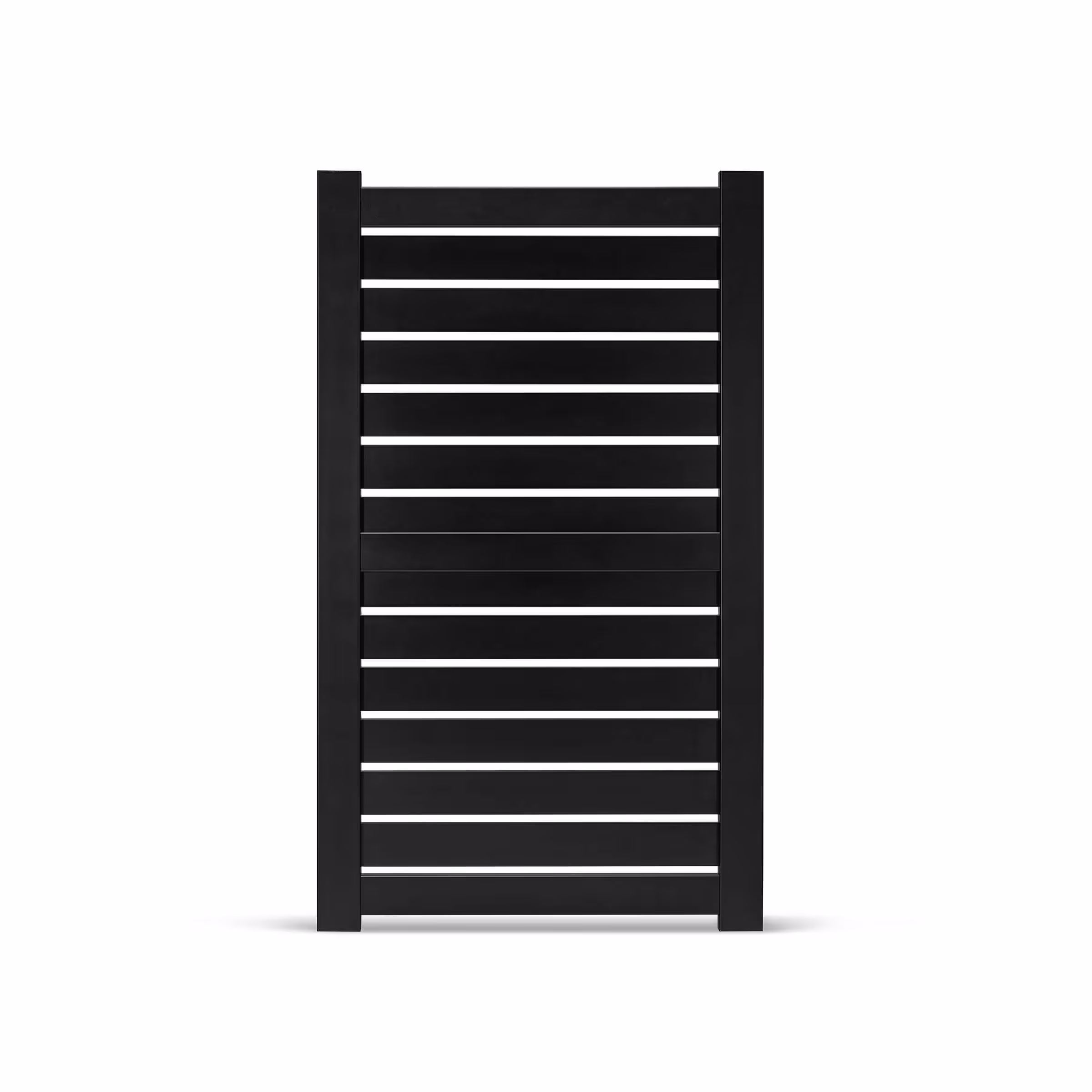 Black aluminum pedestrian gate with horizontal slats and semi-privacy design.
