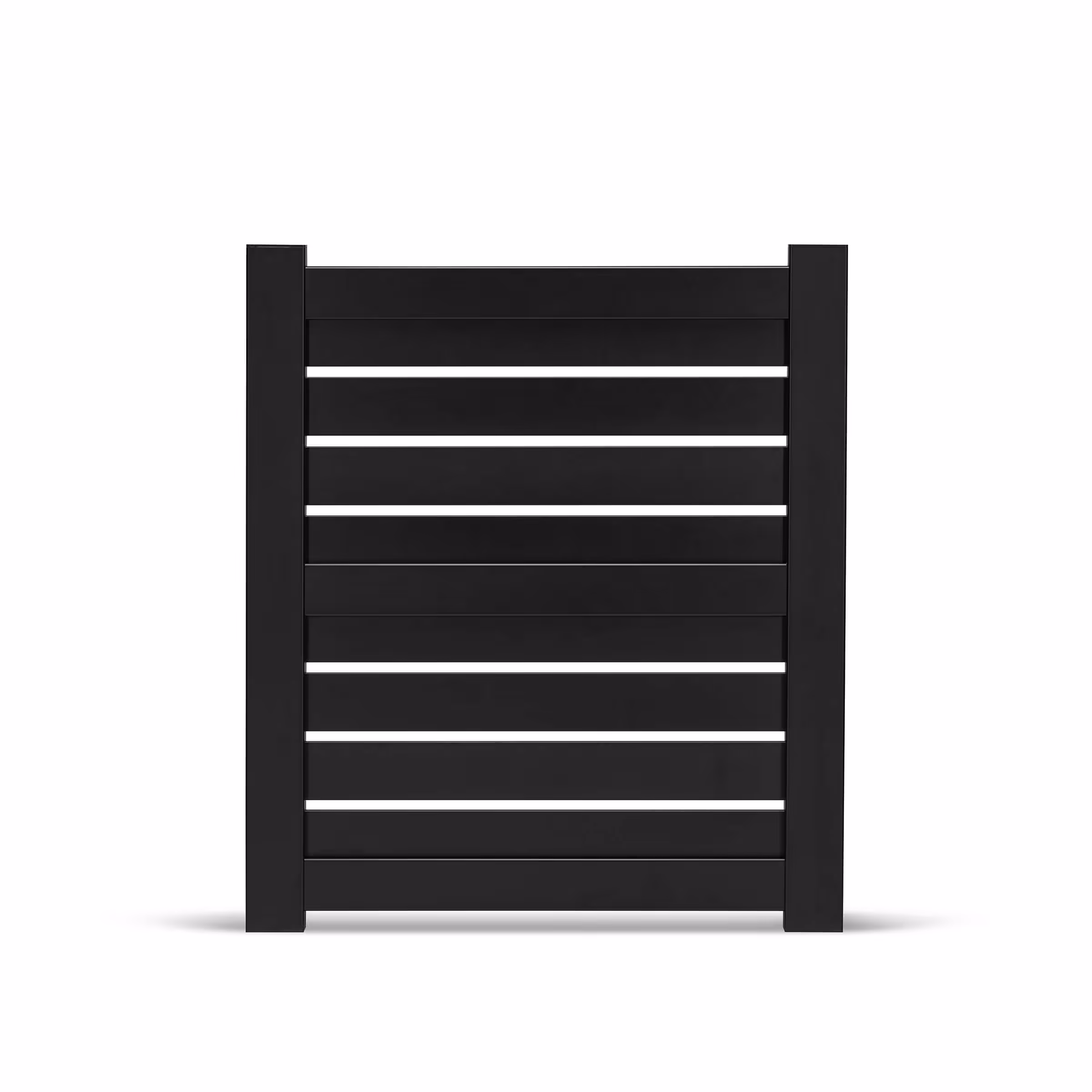 Black horizontal slatted aluminum pedestrian gate with four-foot height.