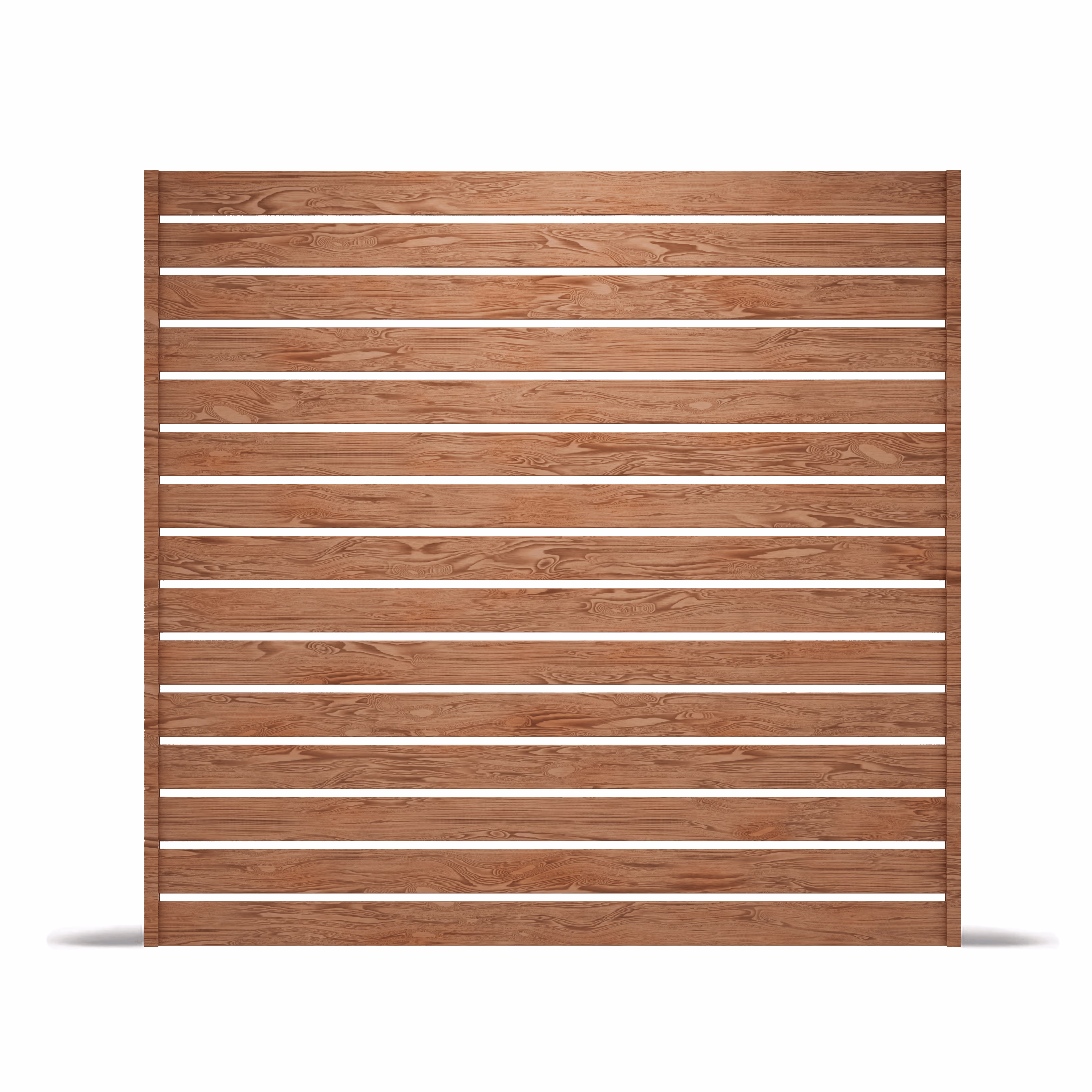Wood-grain aluminum fence panel with horizontal slats and semi-privacy gaps.