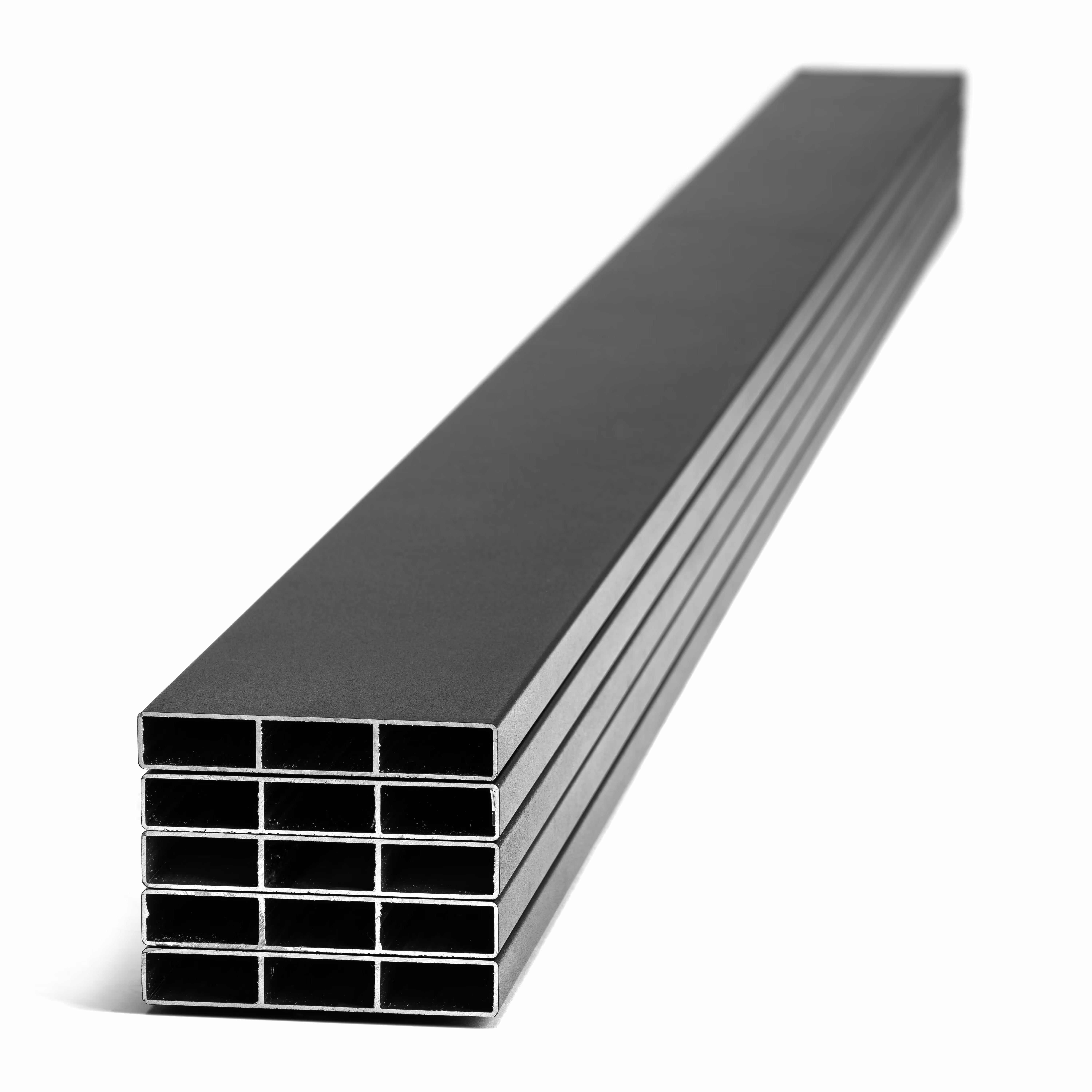 Stacked rectangular aluminum fence rails with hollow sections, shown against a white background.