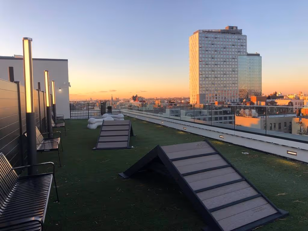 Rooftop with artificial grass, benches, illuminated posts, and dog agility ramps overlooking city buildings at sunset.