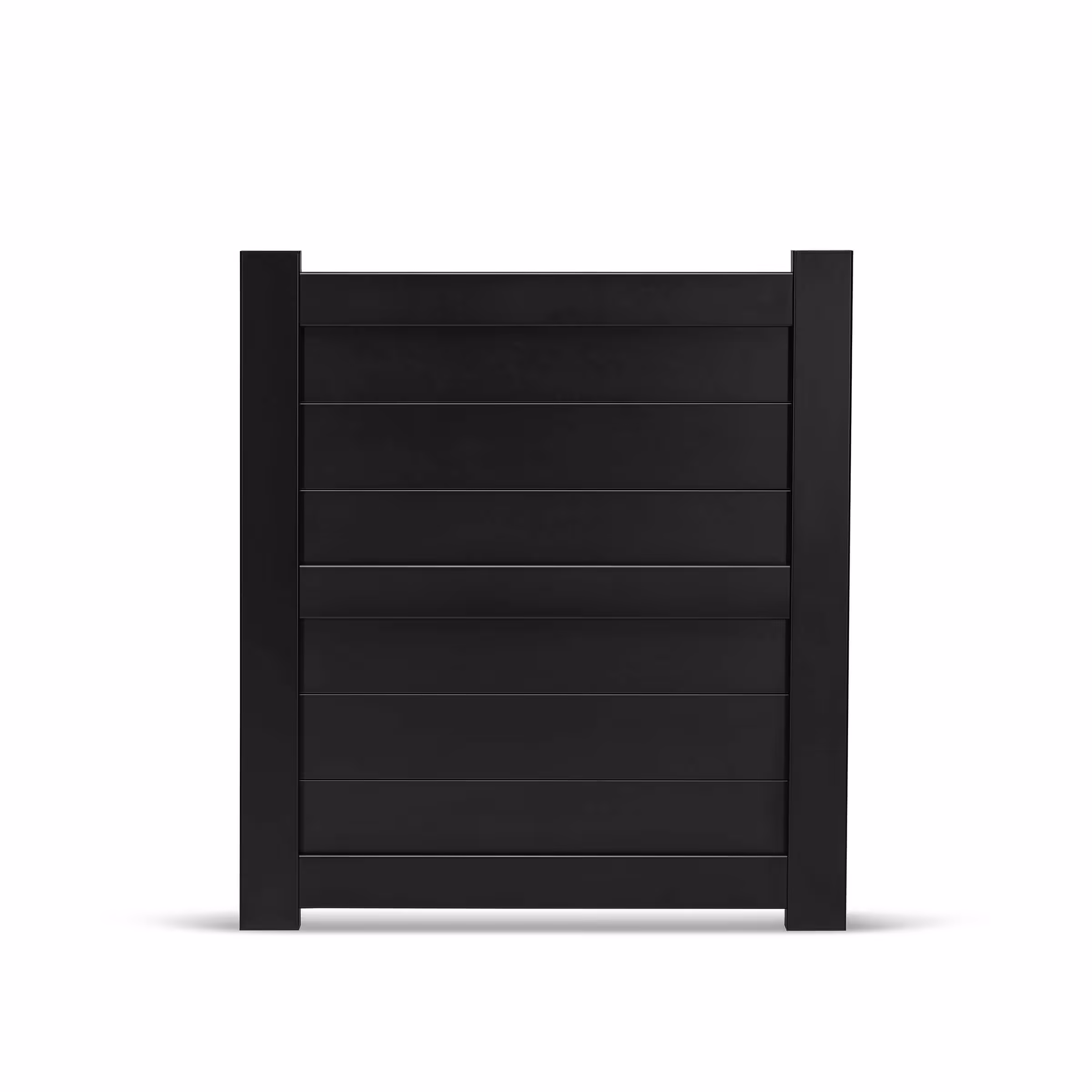 Black horizontal slat aluminum pedestrian privacy gate with sturdy vertical posts on each side.